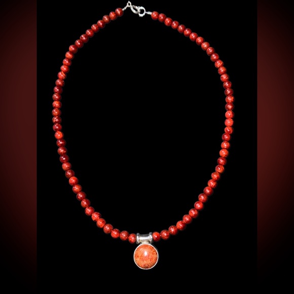 Red Sponge Coral Sterling Silver pendant and necklace with bracelet 18” & 7-7.5” - Picture 2 of 10